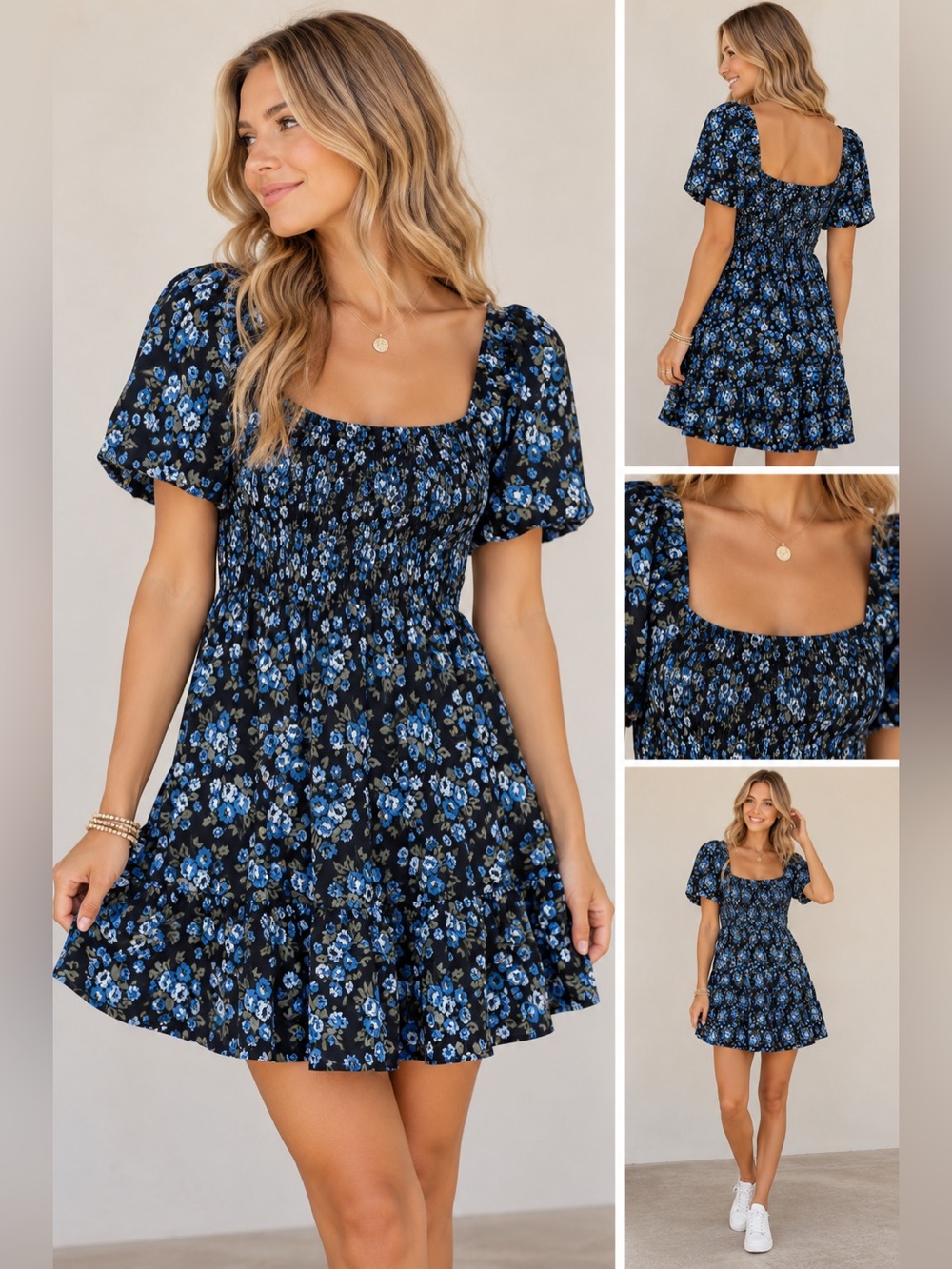 Gap Puff Sleeve Smocked Floral Mini Dress Blue Ditsy Floral Petite Small